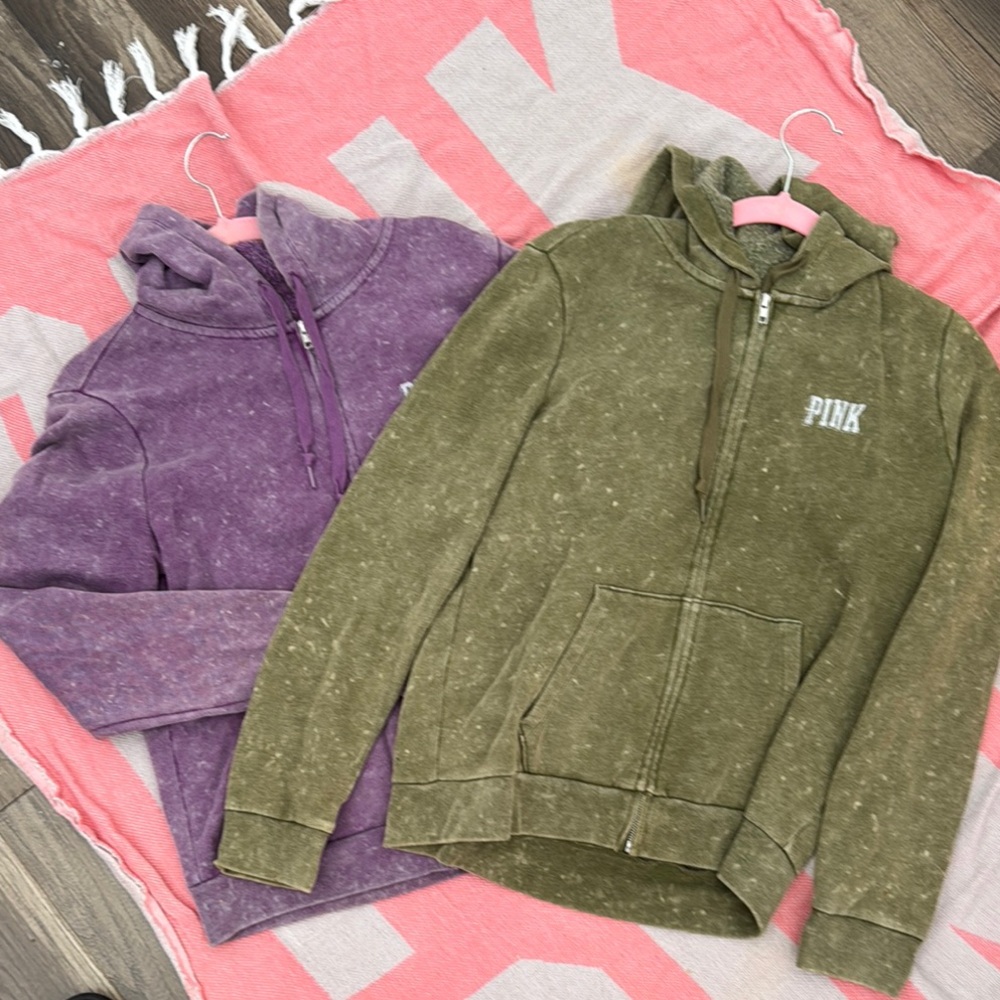 Victoria’s Secret PINK Zip-Up Hoodies (Set of 2) Mineral Wash Purple & Olive L